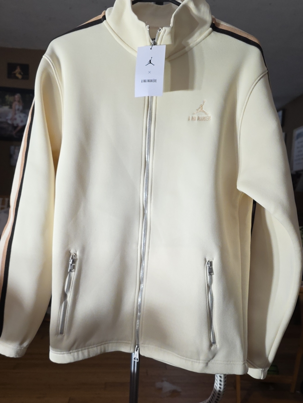 Nike Cream Full-Zip Lightweight Track Jacket with Black & Tan Shoulder Stripes